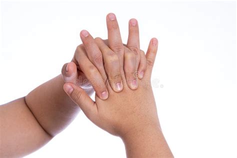 Woman Hand Massaging Her Hand And Fingers Isolated White Background