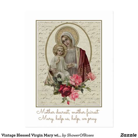 Vintage Blessed Virgin Mary With Jesus Red Roses Postcard Zazzle