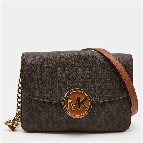 Michael Kors Dark Brown Signature Coated Canvas Fulton Flap Crossbody