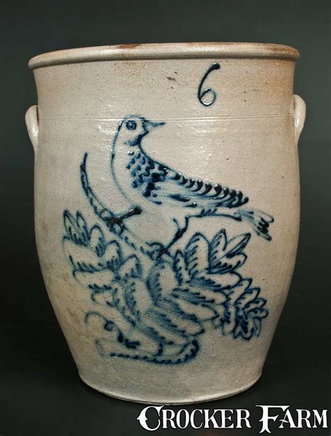 Gal Stoneware Crock W Impressive Slip Trailed Bird On Leafy Branch