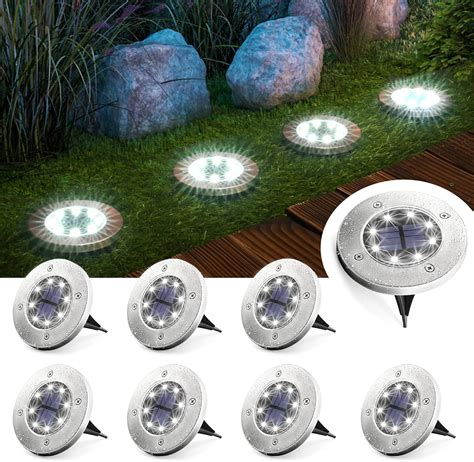 Gigalumi 8 Pack Solar Ground Lights 8 Led Solar Powered Disk Lights Outdoor Waterproof Garden