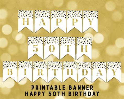 Printable Happy 50th Birthday Banner Black Gold Confetti Bunting ...