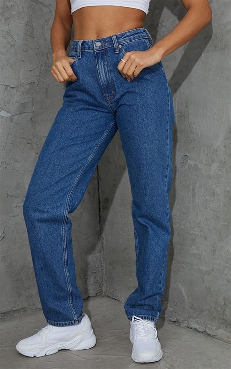 Mid Blue Wash Long Leg Straight Leg Jeans Prettylittlething Usa