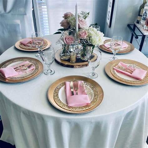 Elegant Bridal Shower Table Decor With Ivory Tablecloth And Pink Napkins