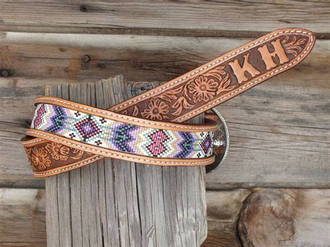 Western Leather Inlay Beaded Belt Etsy Beaded Belt Beaded Belts