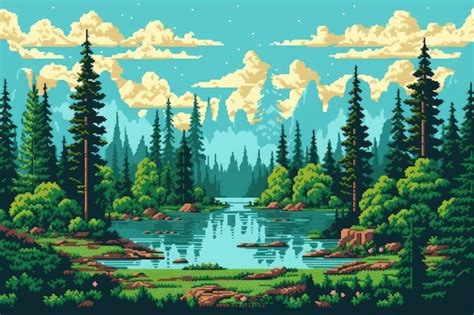 Un Paisaje Estilo Pixel Art Con Un Lago Y Monta As Al Fondo Imagen