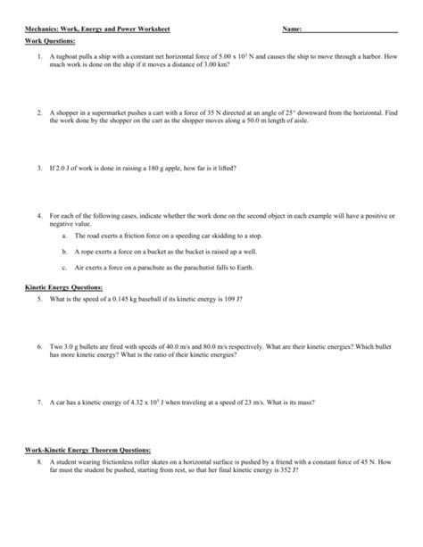 Work Kinetic Energy Theorem Worksheet