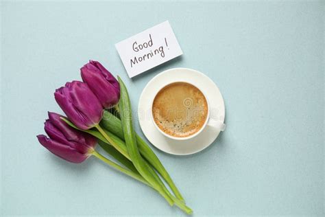 Delicious Coffee Flowers And Card With Good Morning Wish On Background