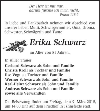 Traueranzeigen von Erika Schwarz Märkische Onlinezeitung Trauerportal