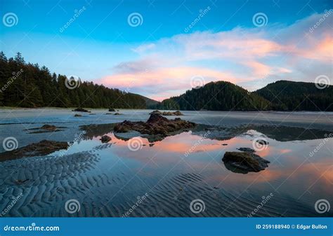 Sandy Beach On Pacific Ocean Coast Panoramic View Sunset Sky San