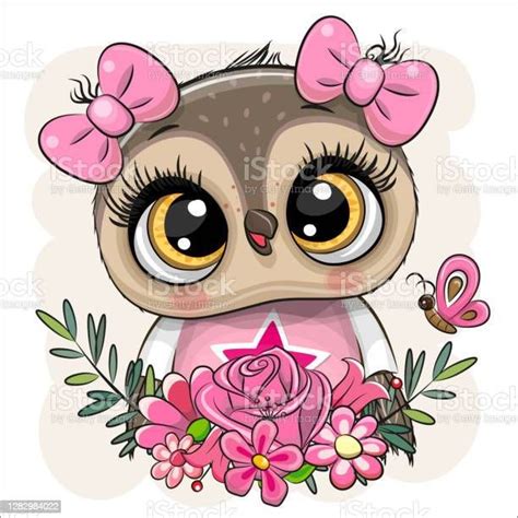 Cute Cartoon Owl With Flowers On A White Background Búhos De Historieta Imagenes De Buhos