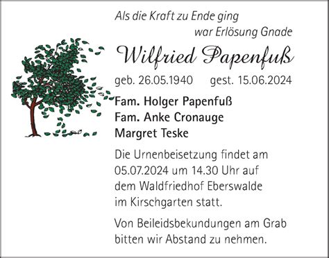 Traueranzeigen Von Wilfried Papenfu M Rkische Onlinezeitung Trauerportal