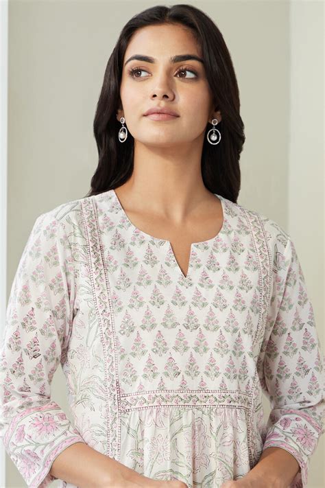 Buy White Hand Block Printed A Line Cotton Kurta For Women FGMK23 376