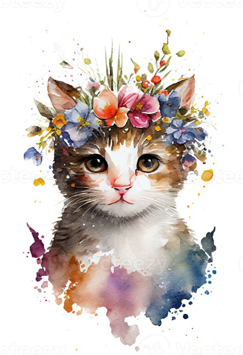 Aquarell S Hand Gezeichnet Katze K Tzchen Im Blumen Kranz Blumen