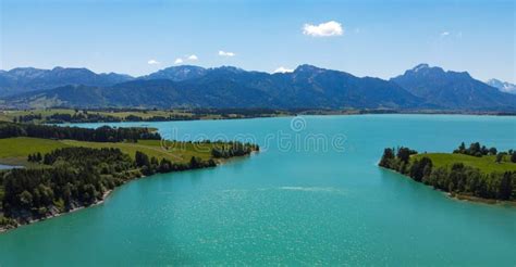 Aerial View Over Lake Forggensee At The City Of Fuessen In Germany