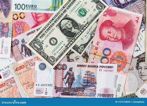 Different Currency Banknotes Background Usd Eur Gbp Cny Rub Editorial