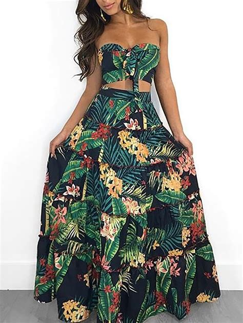 Tropical Print Tube Topandmaxi Skirt Set Hawaiian Outfit Hawaiian