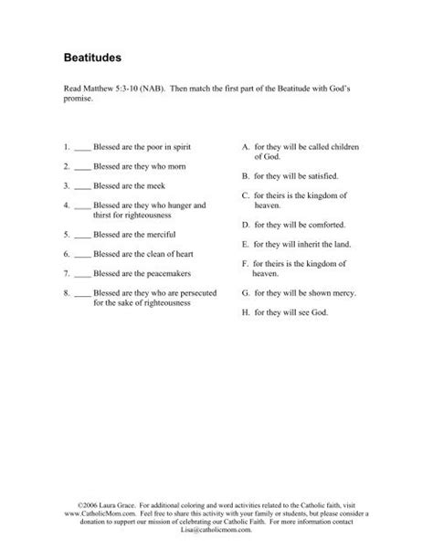 Beatitudes Matching Worksheet - Catholic Mom