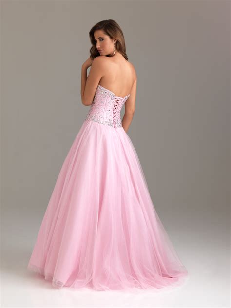 Pink A Line Strapless Sweetheart Floor Length Lace Up Beaded Tulle Prom