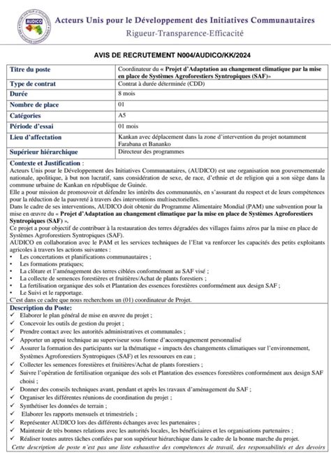 AUDICO GUINÉE RECRUTE COORDINATEUR H F Y a Bara Offres d emplois et