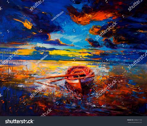 Original Oil Paintingred Fishing Boat Modern Stock Illustration 338621132 | Shutterstock