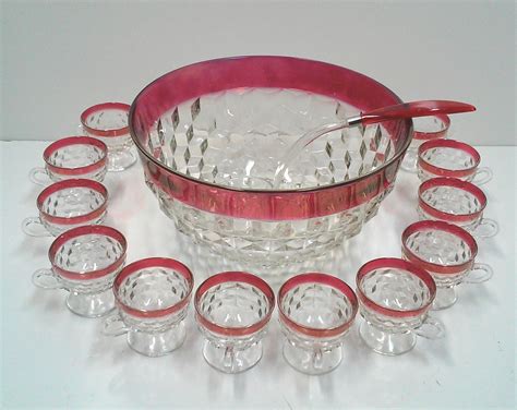 Vintage Cranberry Glass Punch Bowl Set Of S