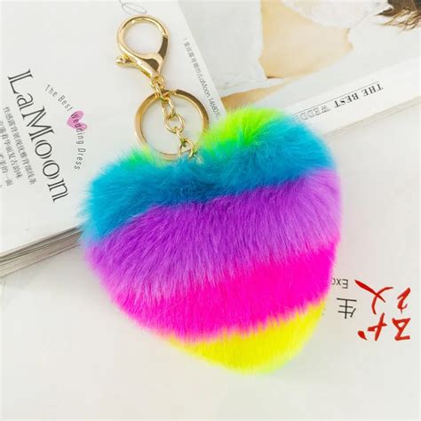 Porte Cl S Pompon En Forme De C Ur Boule En Peluche Arc En Ciel