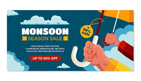 Free Vector Flat Horizontal Banner Template For Monsoon Season Sales