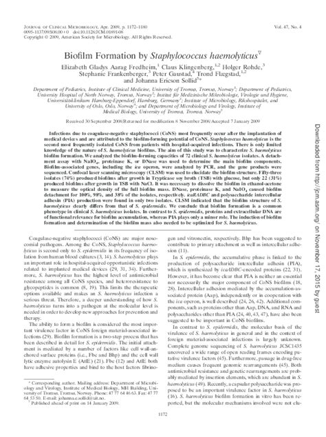 (PDF) Biofilm Formation by Staphylococcus haemolyticus | Claus ...