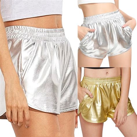 New Arrival 2018 Summer Fashion Women High Waist Shorts Shiny Metallic