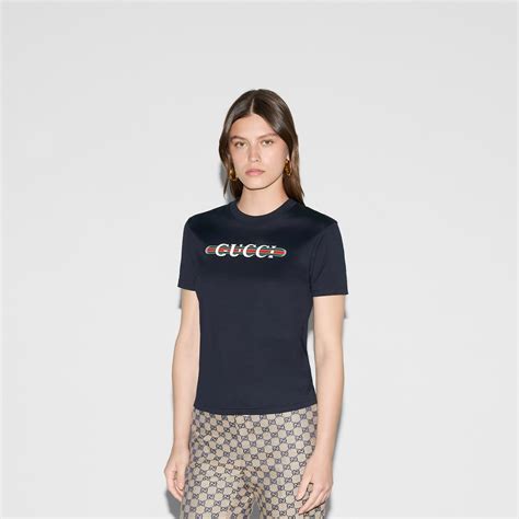 Printed Cotton Jersey T Shirt In Navy Gucci® Us