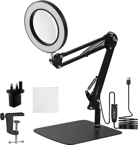 10x Magnifying Led Desk Lamp With Base And Clamp Magnifying Glass With Light 3 Colors Lighted