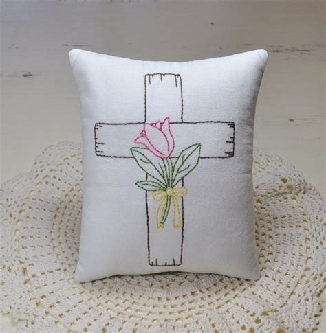 Cross With Flower Decorative Pillow Hand Embroidered Easter Etsy Pillows Decorative Pillows