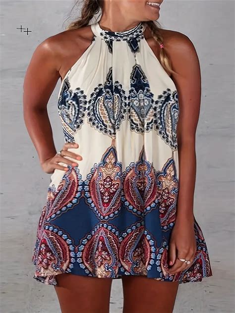 Plus Size Boho Dress Womens Plus Paisley Print Halter Neck Temu