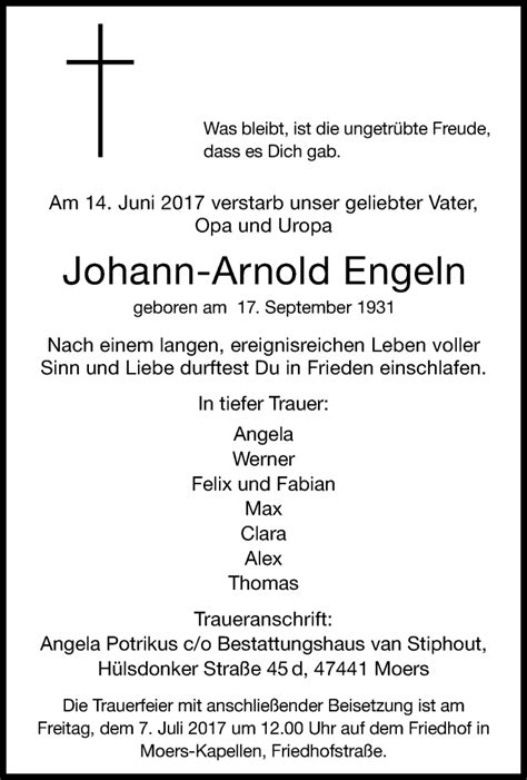 Traueranzeigen Von Johann Arnold Engeln Trauer In NRW De