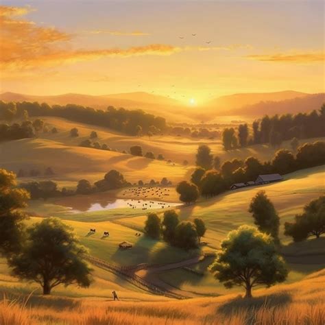 Premium AI Image | Sunset in a field with a lake and cows