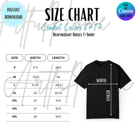 Editable Comfort Colors Color Chart Comfort Color Size Chart