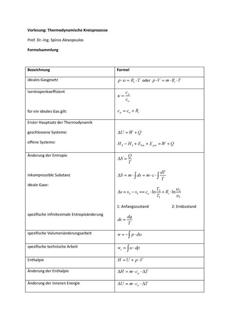 Formelsammlung TK Vorlesung Thermodynamische Kreisprozesse Prof Dr