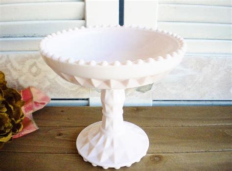 Pink Milk Glass Compote Jeannette Hobnailpedestal Stand Etsy