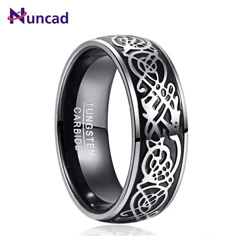 Nuncad 8mm Tungsten Carbide Ring Black Color Dome Three Dimensional Dragon Pattern Steel Groove