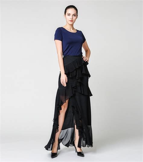 Voa 2017 Autumn Solid Black Asymmetrical Double Ruffles Long Skirt Vintage Swallowtail Skirt