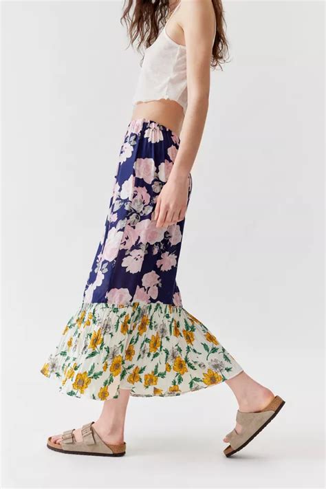 Urban Renewal Remade Floral Spliced Ruffle Hem Maxi Skirt Urban