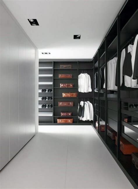 Clean Simplistic Mens Walk In Closet With White Tile Flooring Walking