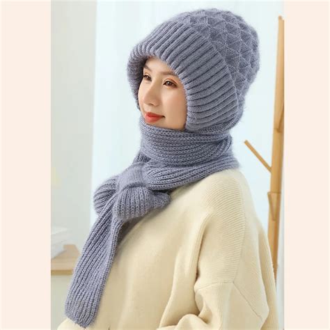 Hat And Scarf All In One Knitted Women Winter Plush Hat Scarf Thickened