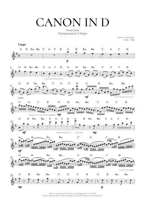 Canon In D Flute Solo Johann Pachelbel Arr Pedro Merendi By Johann Pachelbel Sheet Music