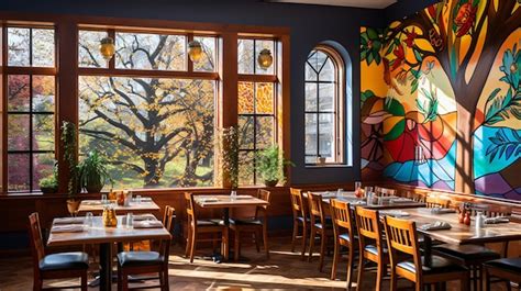 Premium AI Image | A restaurant with a colorful mural on the wall