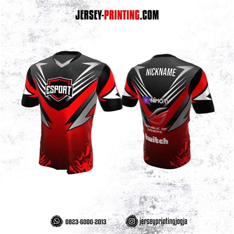 Jersey Gaming Esports Merah Hitam Abu Abu Motif Garis Jersey Printing