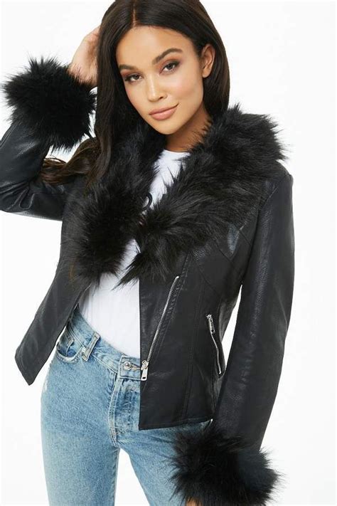 Forever 21 Faux Fur Trim Jacket A Lightweight Faux Leather Jacket