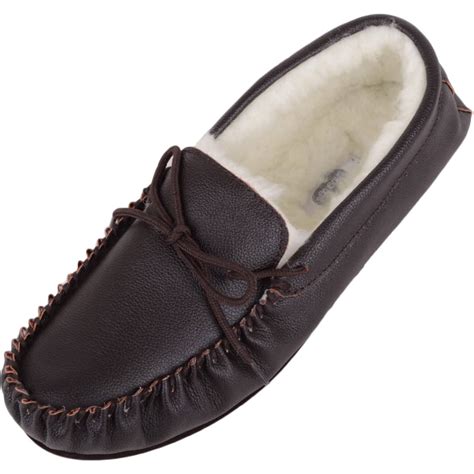 Mens Leather Moccasin Slippers Wool Lining Snugrugs