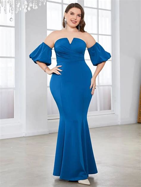 Plus Off Shoulder Lantern Sleeve Mermaid Hem Bridesmaid Dress